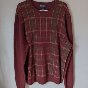 Flawed Brooks Brothers Burgundy and Olive Plaid Lambs Wool  Crewneck Sweater Xl